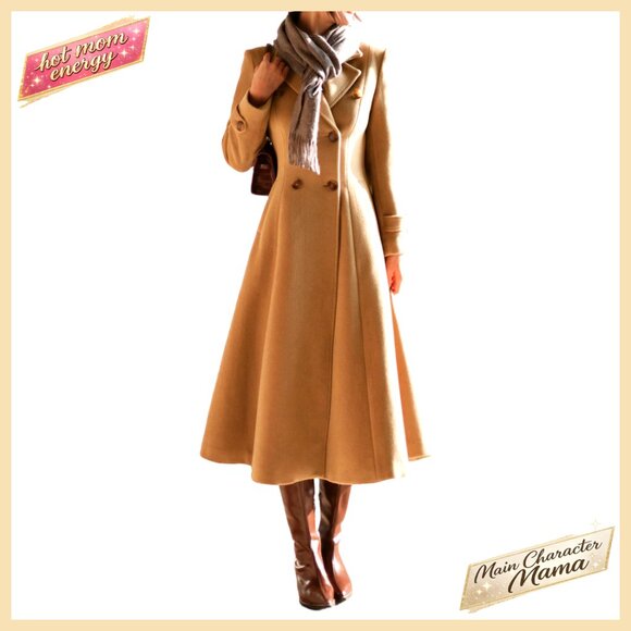 Slim Fit Wool Pea Coat Double Breasted Trench Classic Elegant Winter Office Wear